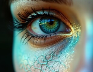Fototapeta premium Closeup artistic eye makeup design with cracked skin texture. Creative beauty makeup look. Woman eye with vibrant colors. Artistic makeup beauty concept. Fashionable eye cosmetics. Trendy makeup
