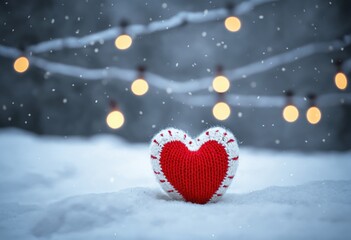 Knitted heart rests in snowy winter scene with lights