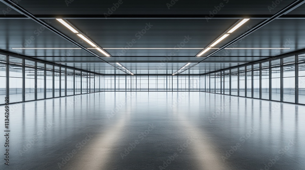 Poster modern empty office space with large windows and sleek design.