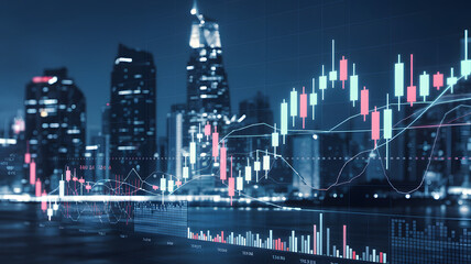 Abstract financial chart with cityscape background, showing candlestick patterns and data trends. Trade, technology, investment and analysis concept.