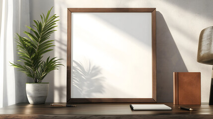 Cozy Corner Workspace with Wooden Desk and Blank Wall Canvas