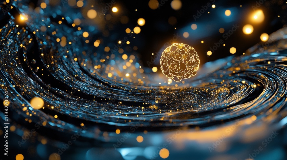 Poster abstract visualization of a swirling cosmic environment showcasing a vibrant glowing sphere surround