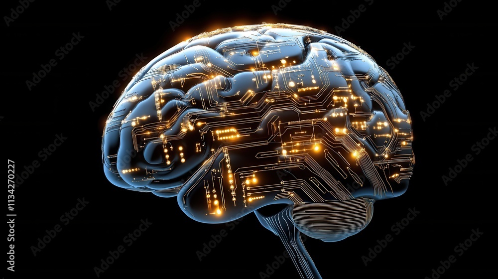 Aufkleber illustration of a human brain interconnected with digital circuits, showcasing the fusion of technol