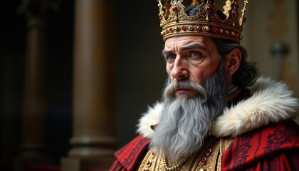 Regal king wears ornate crown. Powerful monarch with long gray beard. King in historical attire. Royal figure. Majestic appearance. King portraits. Historical figure. Royal power. Royal wealth.