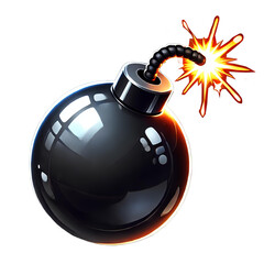 A glossy black cartoon bomb with a lit fuse and bright orange explosion sparks on a black background.