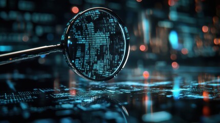 Magnifying glass over digital code; futuristic tech. Ideal for cybersecurity, data analysis, and tech concepts.