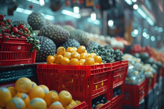 Vibrant assortment of fresh fruits in red crates at market, showcasing colorful produce.
