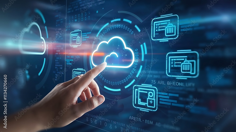 Poster hand interacting with glowing cloud technology interface, cloud computing copy space, copy-space bac