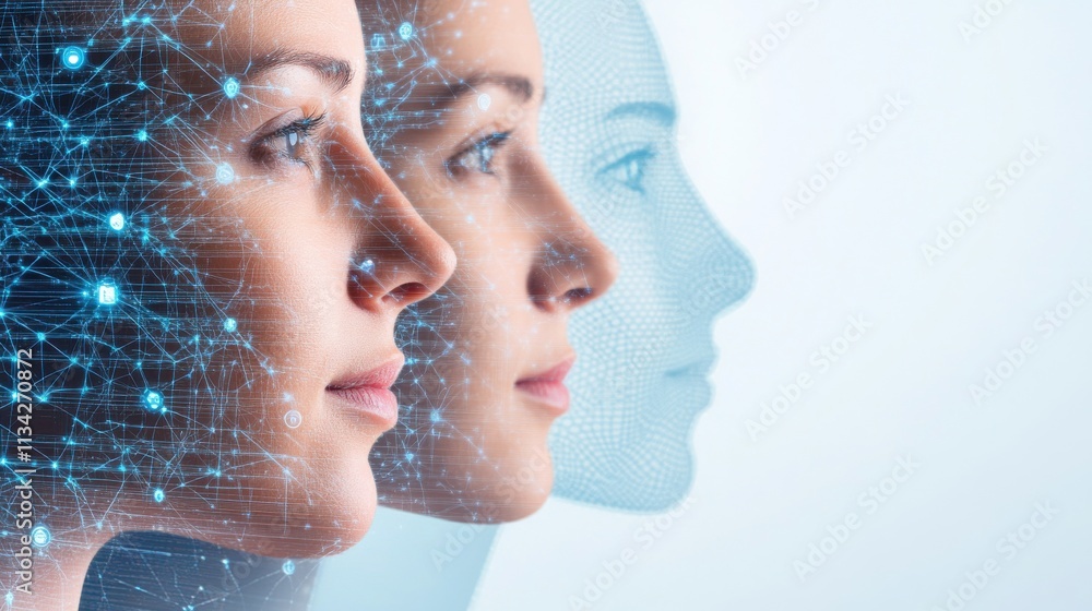 Poster futuristic conceptual portrait of a woman merging with digital technology representing ai and human 