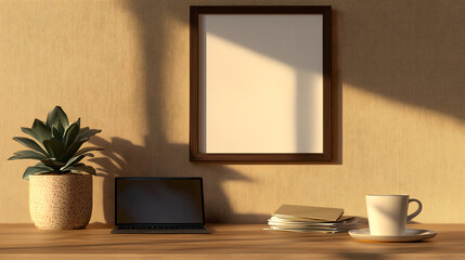 Cozy Corner Workspace with Wooden Desk and Blank Wall Canvas