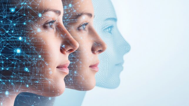 Futuristic Conceptual Portrait of a Woman Merging with Digital Technology Representing AI and Human Connection in a Minimalist Style