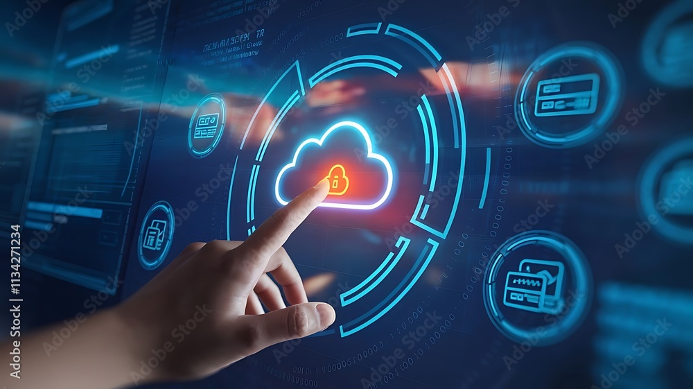 Poster hand interacting with glowing cloud technology interface, cloud computing copy space, copy-space bac