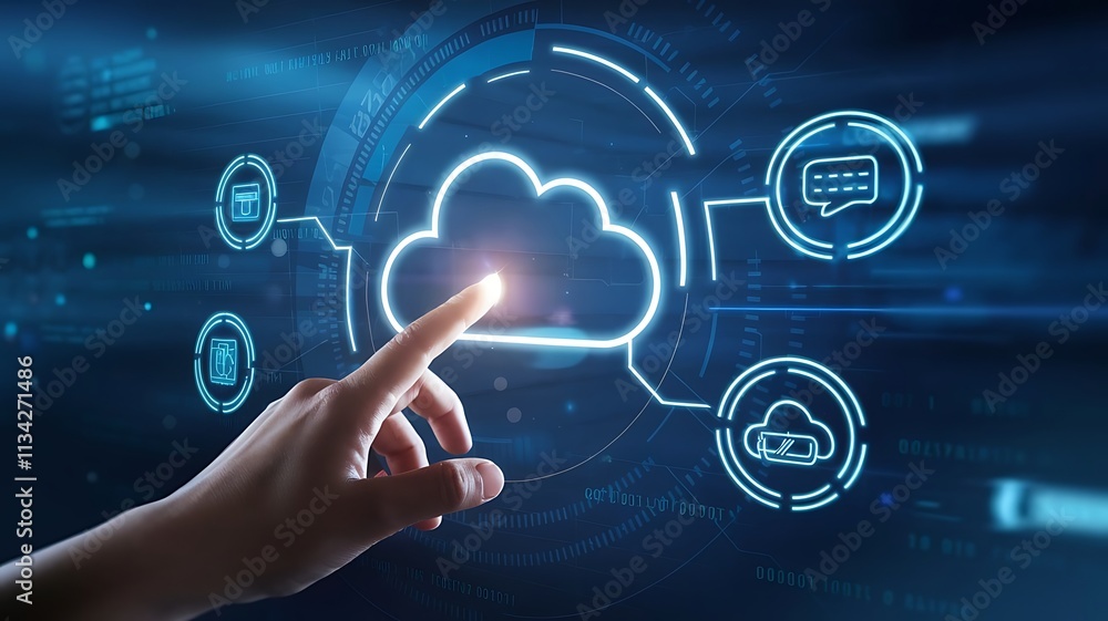 Poster hand interacting with glowing cloud technology interface, cloud computing copy space, copy-space bac