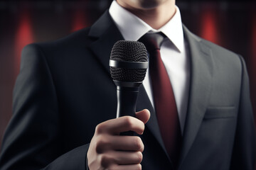 Close-up of a young, confident businessman in a black three-piece suit holding a microphone on stage, delivering a speech under professional lighting