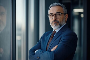 Fototapeta premium Mature Arab businessman in office standing with crossed arms.
