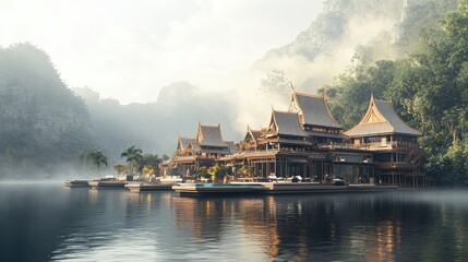 A high-end floating resort concept, with villas and pools on the water, offering privacy and luxury surrounded by natural landscapes