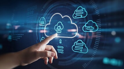 Hand Interacting with Glowing Cloud Technology Interface, cloud computing copy space, copy-space background, tech copyspace background