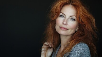 Fototapeta premium Confident and wise, studio portrait of a stunning mature woman with long red hair, freckles, and blue eyes