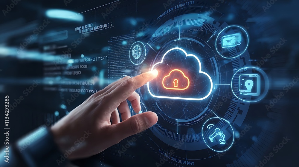 Poster hand interacting with glowing cloud technology interface, cloud computing copy space, copy-space bac