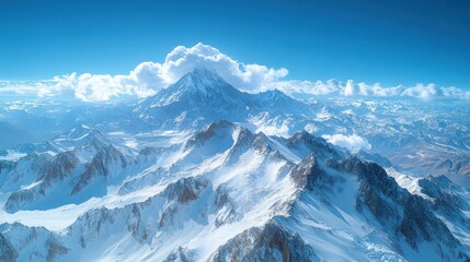 A breathtaking aerial view of snow-capped mountains under a clear blue sky.