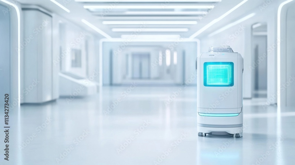 Aufkleber futuristic autonomous robot in a minimalist high-tech environment with bright lighting and sleek des