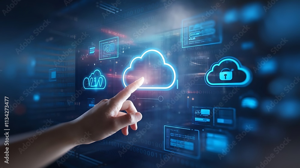 Poster hand interacting with glowing cloud technology interface, cloud computing copy space, copy-space bac