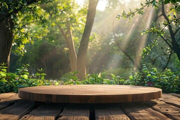 Detailed Color Picture of Wooden Platform in Green Garden for Natural Product Display