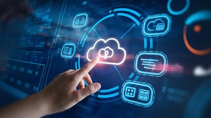 Fototapeta premium Hand Interacting with Glowing Cloud Technology Interface, cloud computing copy space, copy-space background, tech copyspace background