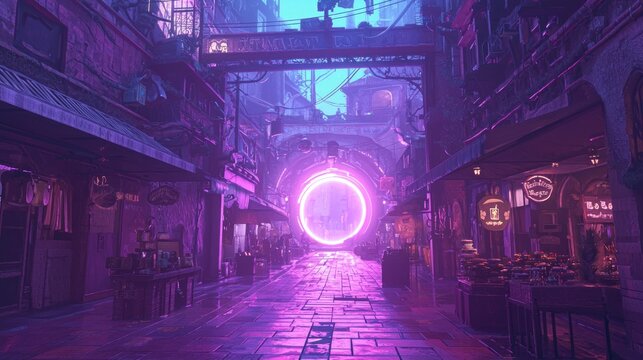 Gateway to Time: Vibrant Street Market with Glowing Portal for Time Travel Exploration - Ray Tracing Concept Art with Ultra-Detailed Cinematic Light