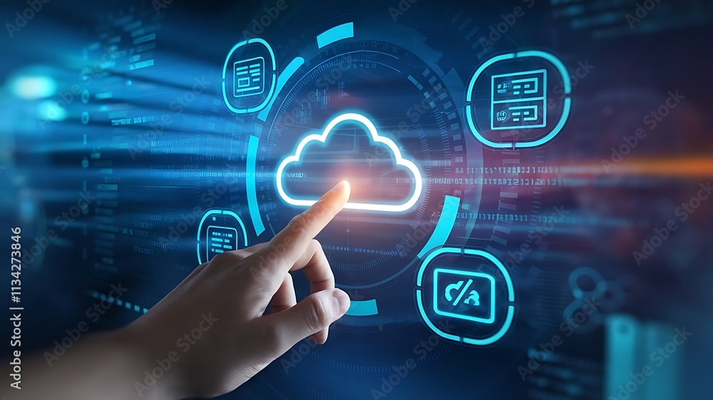 Poster hand interacting with glowing cloud technology interface, cloud computing copy space, copy-space bac