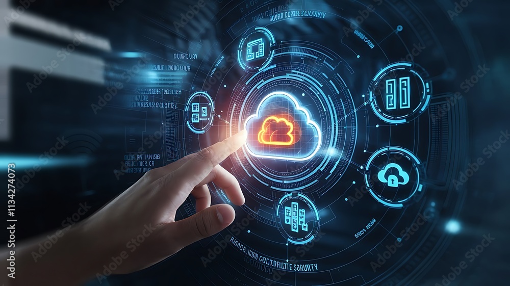 Poster hand interacting with glowing cloud technology interface, cloud computing copy space, copy-space bac