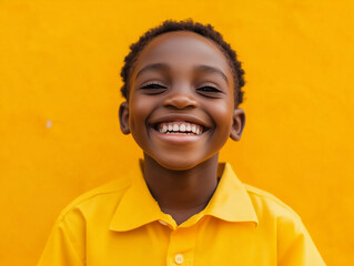 happy black african american school pupil aged 17 years dressed in yellow shirts