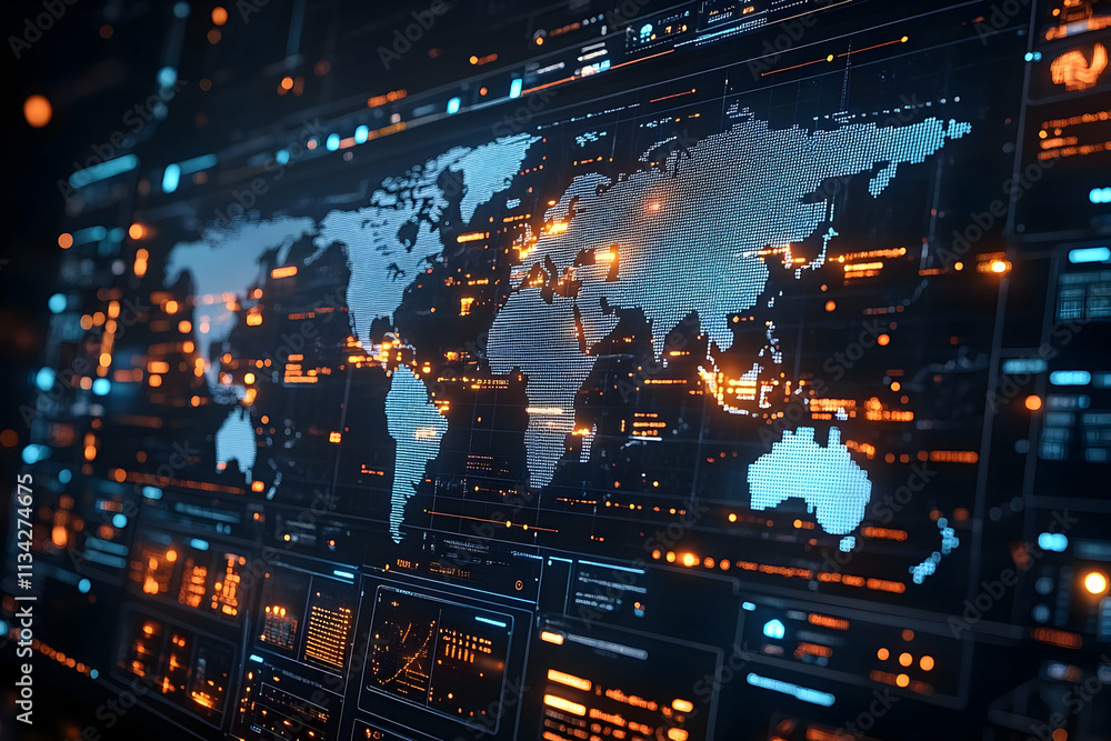 Poster a digital world map with data overlays, depicting global information flow and connectivity.