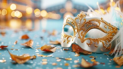 Opulent carnival mask from Venice, featuring gold and feathers, set against a dark, theatrical background for a masquerade.