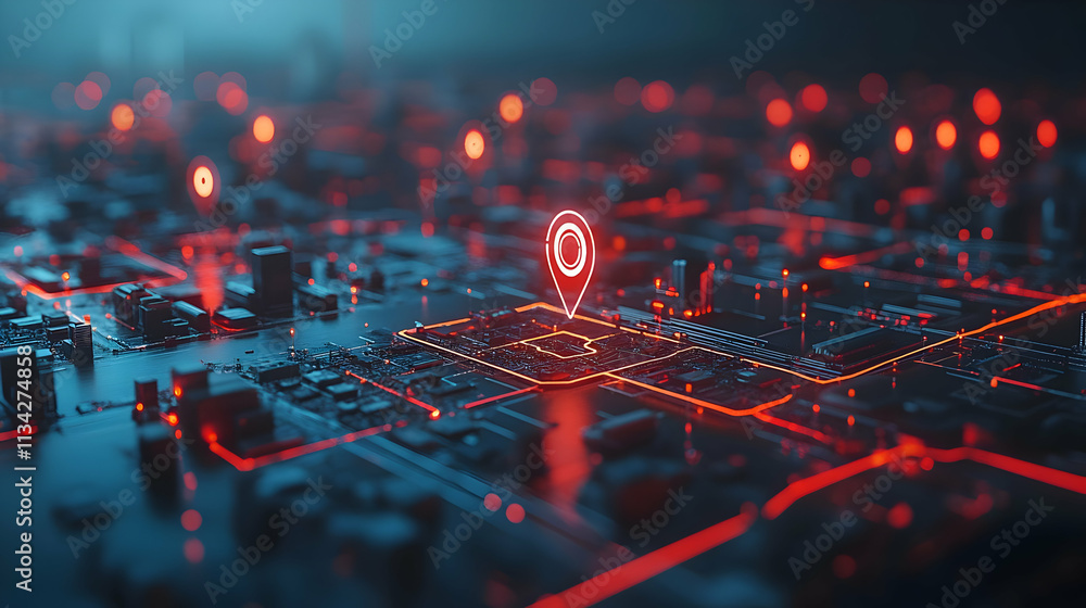 Poster a digital cityscape with glowing map markers, symbolizing navigation and connectivity.