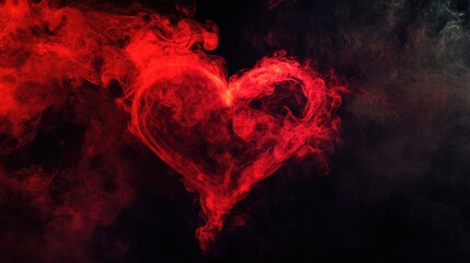 Valentines Day. Red smoke and fire on a black background, in the shape of a glowing heart. Room for words. Room for words.