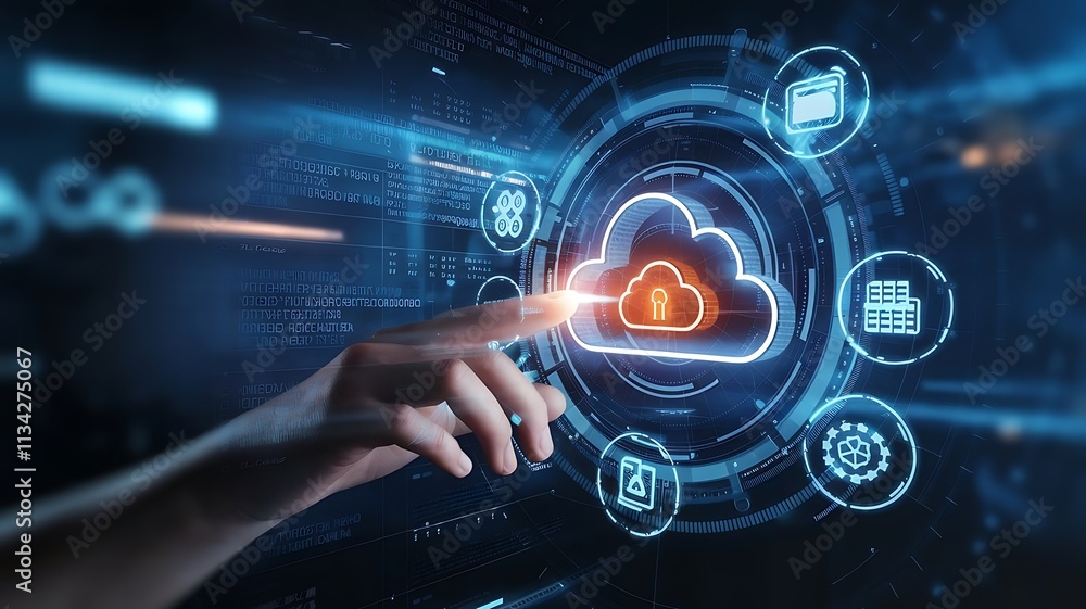 Poster hand interacting with glowing cloud technology interface, cloud computing copy space, copy-space bac