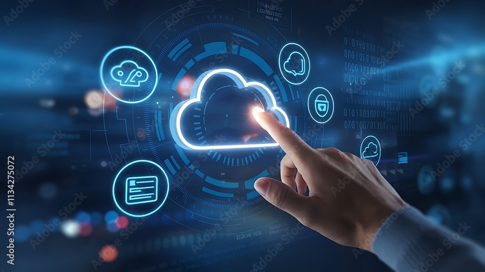Poster hand interacting with glowing cloud technology interface, cloud computing copy space, copy-space bac