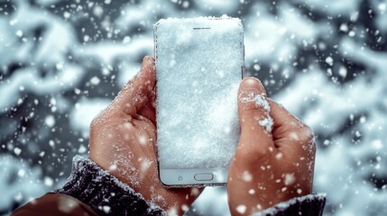 Fototapeta premium Mobile phone with blank screen on the snow,Smartphone with a white screen in the hands of a young man,copy space,networking service,winter snow time with snowfall.