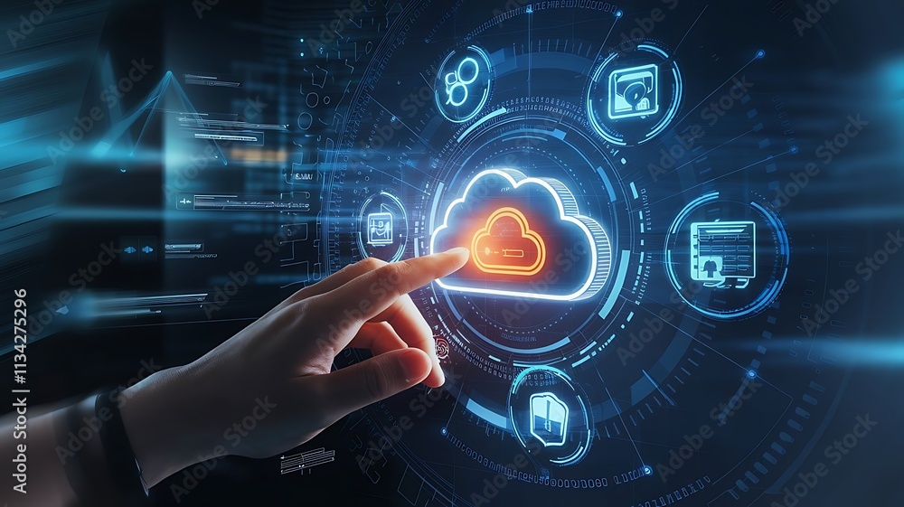 Poster hand interacting with glowing cloud technology interface, cloud computing copy space, copy-space bac