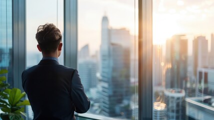 Fototapeta premium High-contrast image of a businessman's shadow on a window, contrasting with the cityscape.
