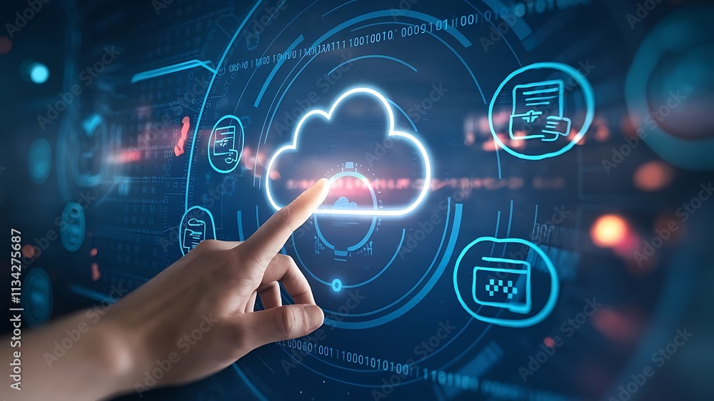 Poster hand interacting with glowing cloud technology interface, cloud computing copy space, copy-space bac