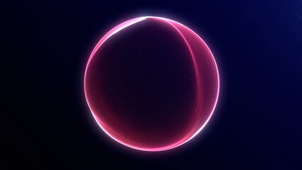Soft neon pink red shiny energy sphere with plasma field. Glowing magical sci fi liquid particles orb on dark blue abstract background. Fantasy futuristic wavy fluid circle.