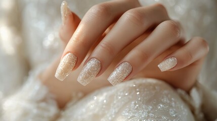 Naklejka premium Elegant hand with intricately designed nails against a soft, textured background.