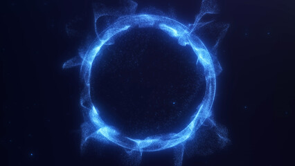 Blue glowing flowing ring of liqiud swirling plasma. Energy sphere of shiny dynamic wavy particles on dark abstract background. Magic orb, digital, futuristic, sci fi © Vooper