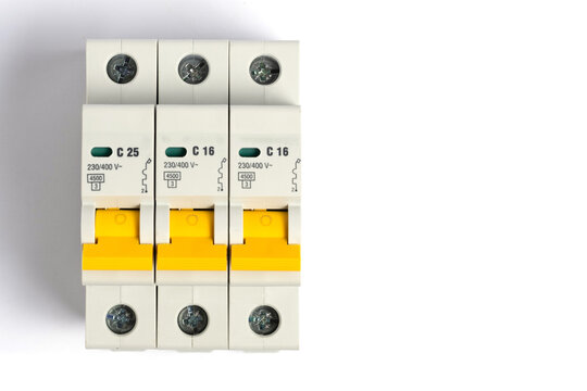 Automatic circuit breakers isolated on white background with copy space.