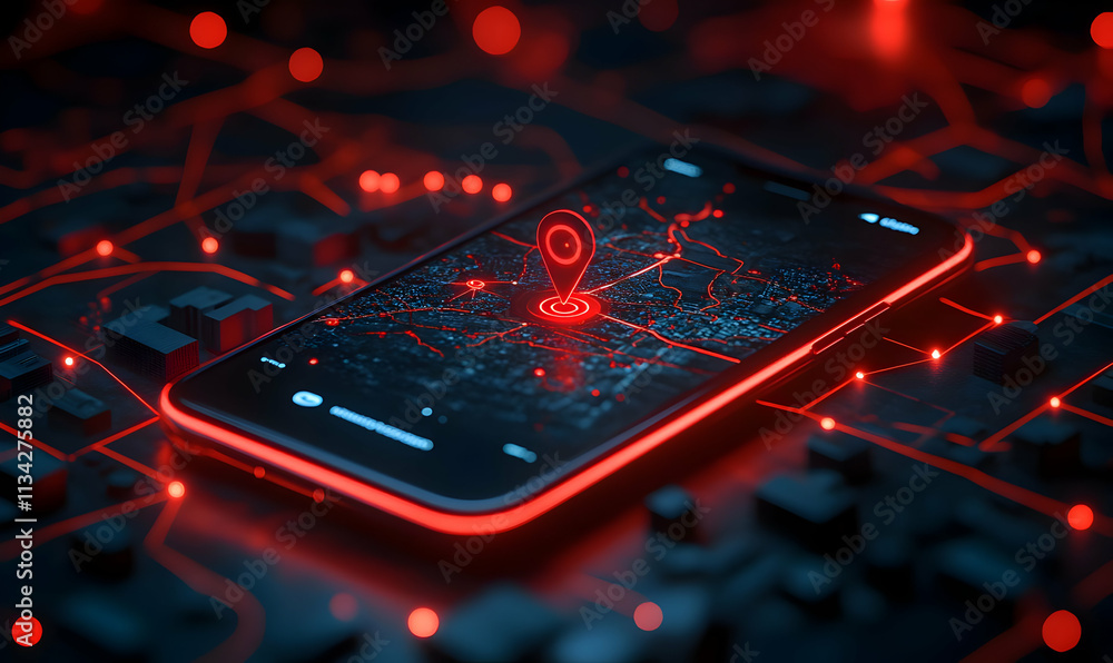 Poster a smartphone displaying a map with a red location pin on a dark, digital background.
