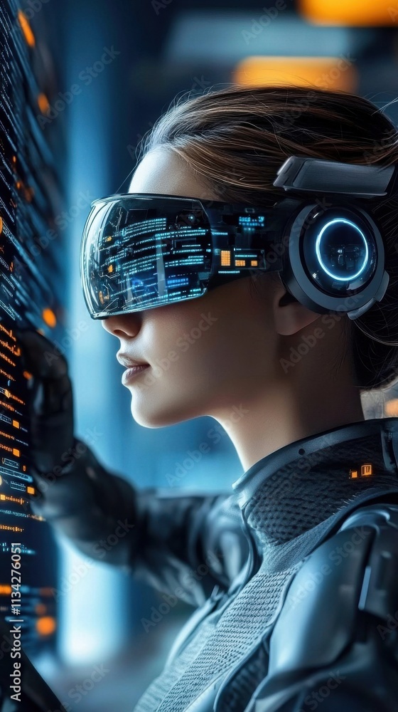 Poster futuristic female tech user wearing advanced vr headset engaged in interactive digital environment w