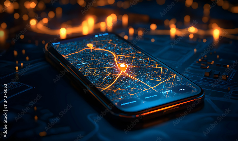 Poster a smartphone displaying a map with a highlighted route and location marker at night.