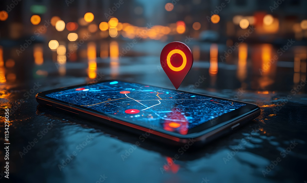 Poster a smartphone displaying a map with a location pin on a wet street at night.